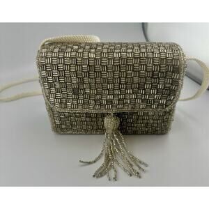 VTG Magid Beaded Checkerboard Purse Crossbody Boxed Silver/Gold Evening Bag